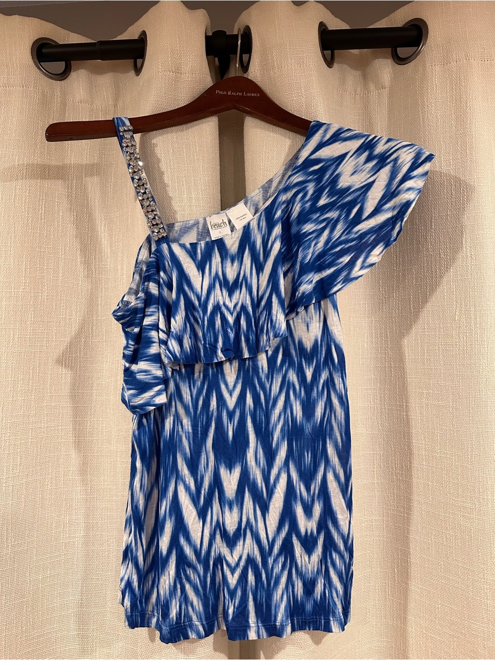 INC International Concepts Blue & White One-Shoulder Ruffle Top